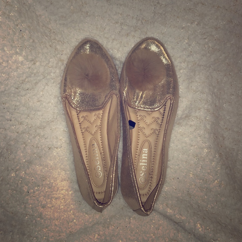 Shiny Gold flats with Pom poms • Size 9